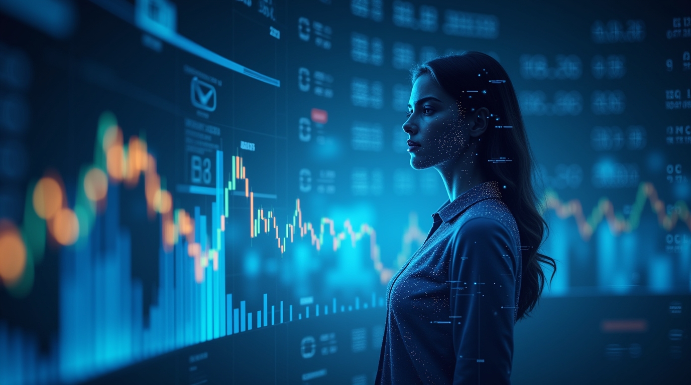 A imagem mostra uma mulher olhando para gráficos e dados financeiros exibidos em uma tela digital com tons predominantemente azuis. O cenário sugere um ambiente de mercado financeiro, destacando gráficos de desempenho, números e indicadores econômicos. A expressão da mulher transmite concentração e profissionalismo, remetendo à atuação no setor de investimentos ou análise financeira.